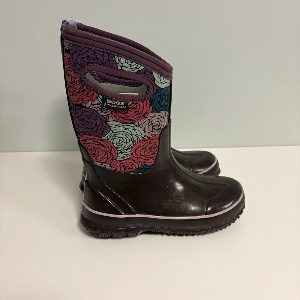 Bogs Rosey Boots Youth Girls 2 Pink Purple Blue Floral Waterproof Rain Snow